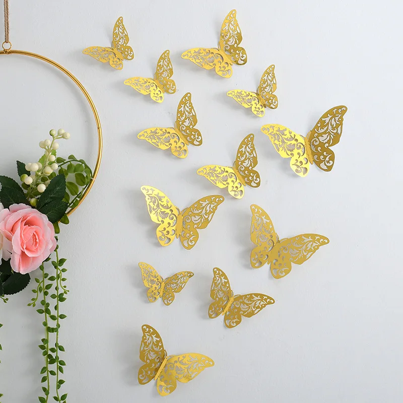 NEW 12Pcs 3D Hollow Butterfly Wall Sticker Home Decoration Kids Room Party Wedding Decor Rose Gold Butterfly Fridge DIY Stickers