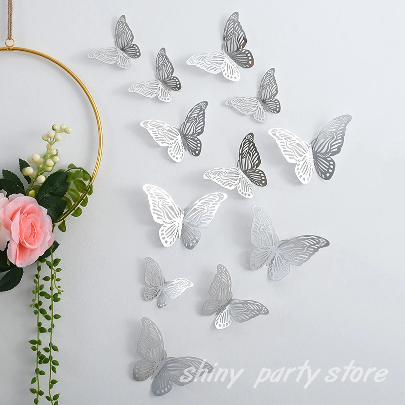 NEW 12Pcs 3D Hollow Butterfly Wall Sticker Home Decoration Kids Room Party Wedding Decor Rose Gold Butterfly Fridge DIY Stickers