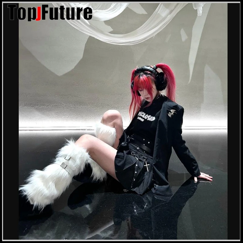 Women Spice Girl Harajuku Punk Black Furry Gothic Lolita Furry Leg Warmer Women Winter Warmer Foot Cover Y2K Girl Leg Warmers