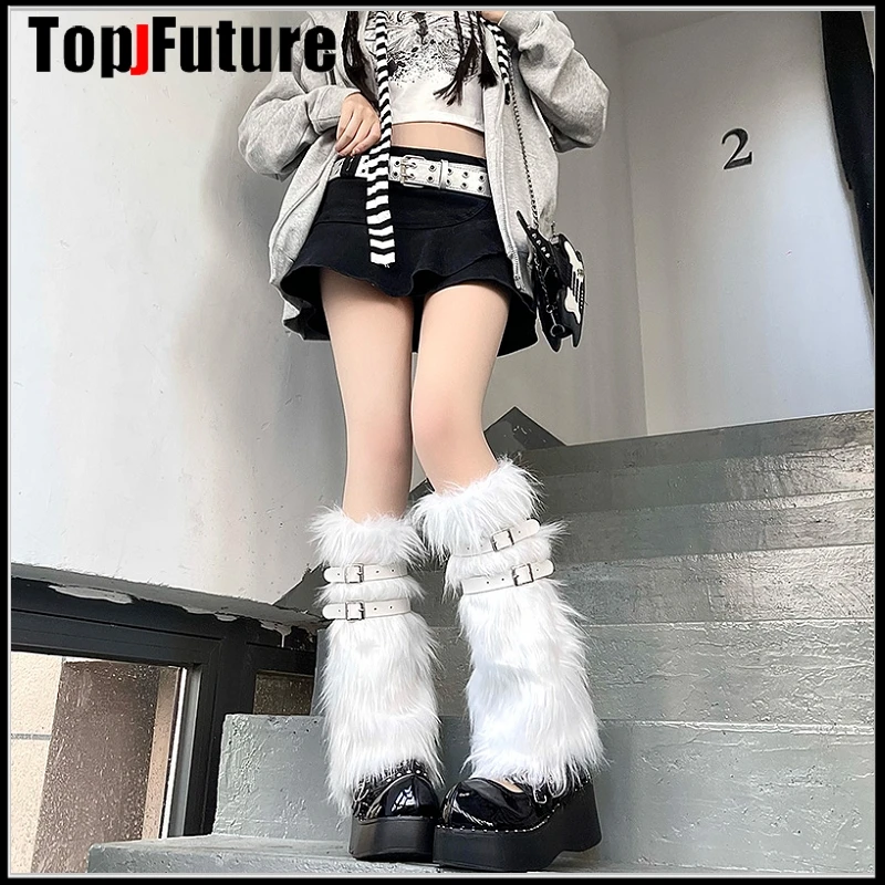 Women Spice Girl Harajuku Punk Black Furry Gothic Lolita Furry Leg Warmer Women Winter Warmer Foot Cover Y2K Girl Leg Warmers