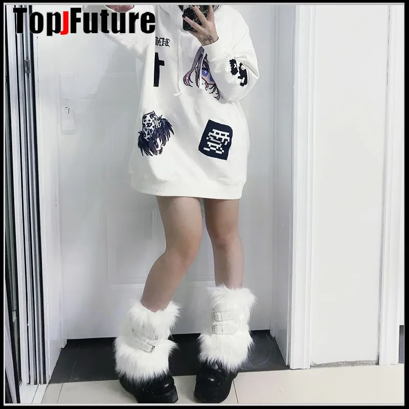 Women Spice Girl Harajuku Punk Black Furry Gothic Lolita Furry Leg Warmer Women Winter Warmer Foot Cover Y2K Girl Leg Warmers