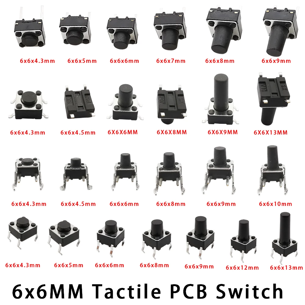 50Pcs/Lot 6x6mm Micro Tactile Push Button Switches 6*6*4.3/5/6/7/8/9/10/11/12/13mm DIP SMT 2 Pin 4 Pin Momentary Tact Key Switch