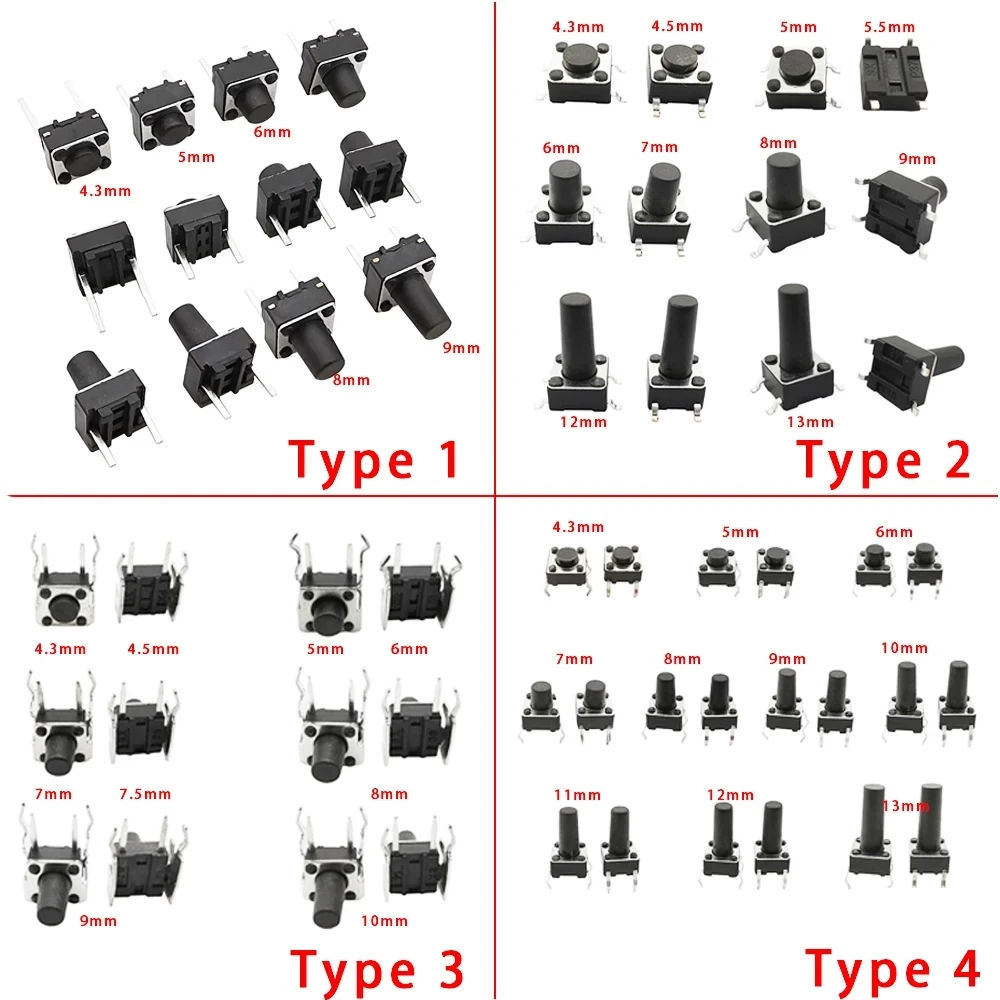 50Pcs/Lot 6x6mm Micro Tactile Push Button Switches 6*6*4.3/5/6/7/8/9/10/11/12/13mm DIP SMT 2 Pin 4 Pin Momentary Tact Key Switch