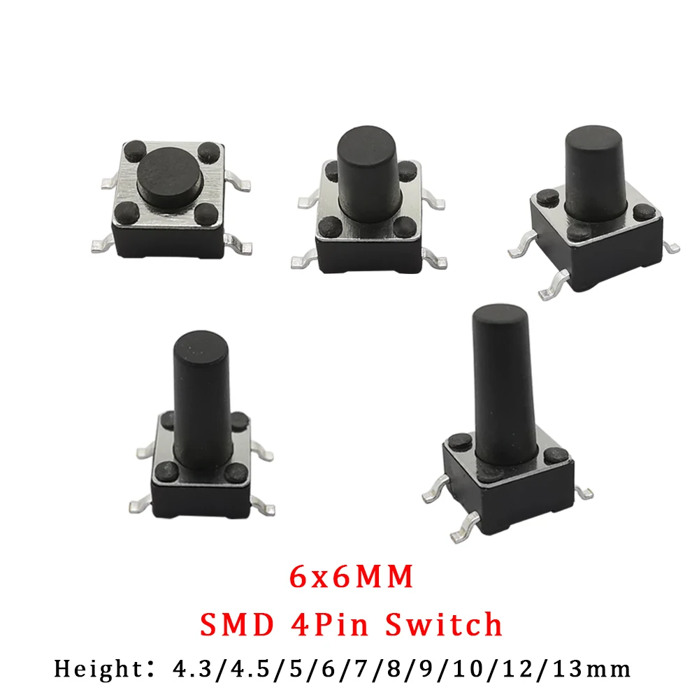 50Pcs/Lot 6x6mm Micro Tactile Push Button Switches 6*6*4.3/5/6/7/8/9/10/11/12/13mm DIP SMT 2 Pin 4 Pin Momentary Tact Key Switch