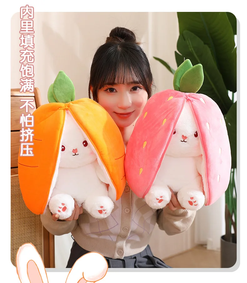 20-45cm New Strawberry Rabbit Plush Toys Kawaii Soft Bunny Hiding in Carrot Bag Stuffed Doll Novel Gifts for Children Room Decor