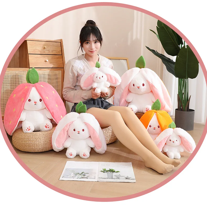 20-45cm New Strawberry Rabbit Plush Toys Kawaii Soft Bunny Hiding in Carrot Bag Stuffed Doll Novel Gifts for Children Room Decor