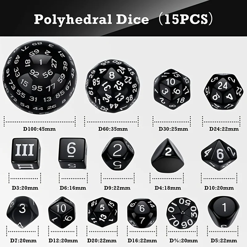 15Pcs Polyhedral Dice Table Game Dice for DND RPG Dungeons and Dragons  D3 D4 D5 D6 D7 D8 D10 D% D12 D16 D20 D24 D30 D60 D100