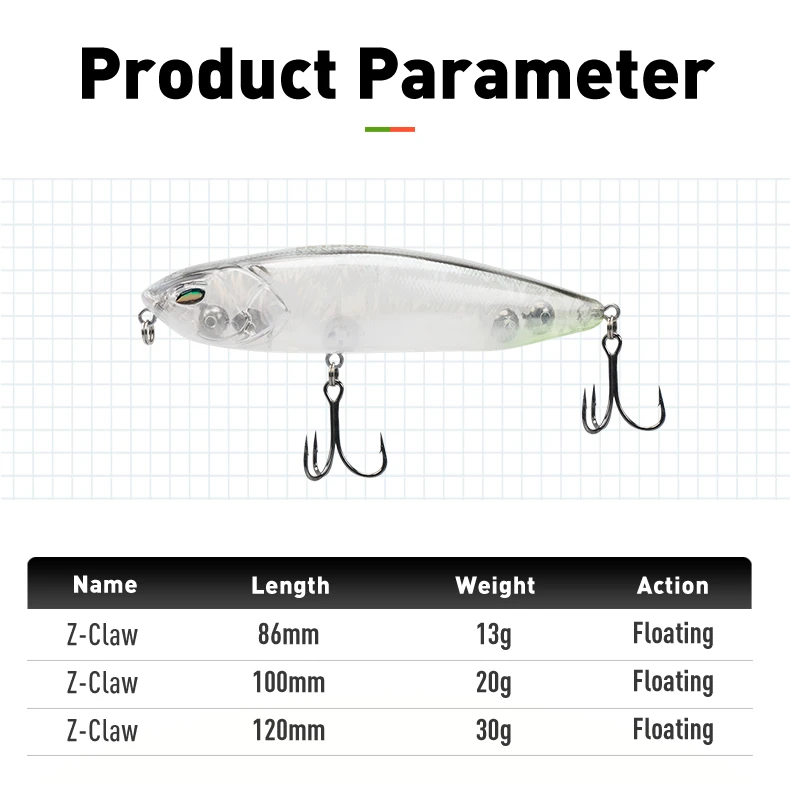 LEYDUN Z-Claw Floating Pencil Fishing Lures 86mm 100mm 120mm Topwater Hard Baits Surface Stickbait Good Action Bass Wobblers