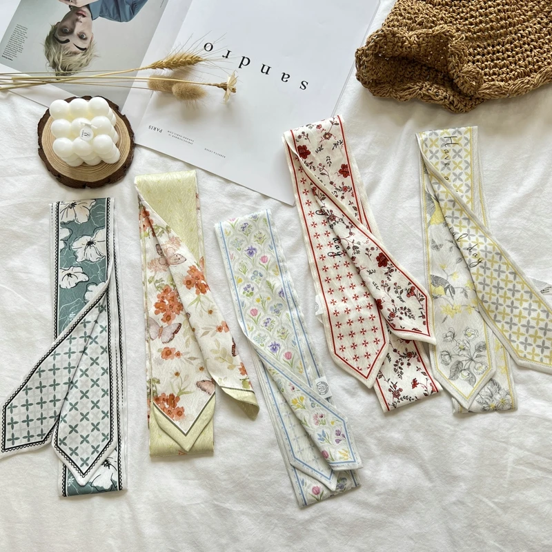 Fashion Floret Printed Hairband Silk Satin Bag Scarf For Women Skinny Long Wrist Ribbon Neck Scarves Hair Scarfs For Women