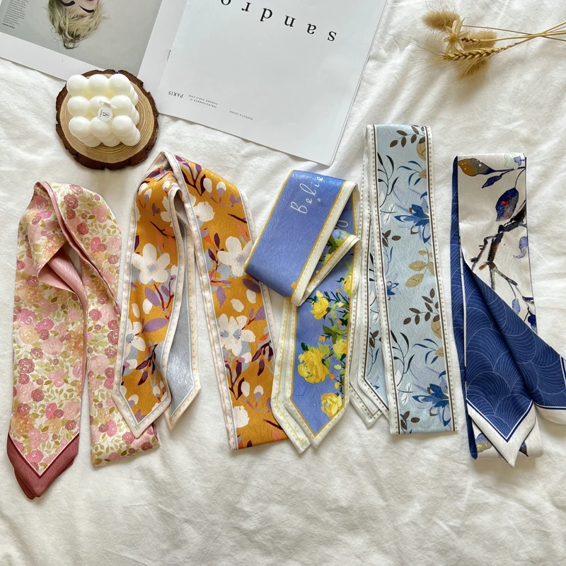 Fashion Floret Printed Hairband Silk Satin Bag Scarf For Women Skinny Long Wrist Ribbon Neck Scarves Hair Scarfs For Women