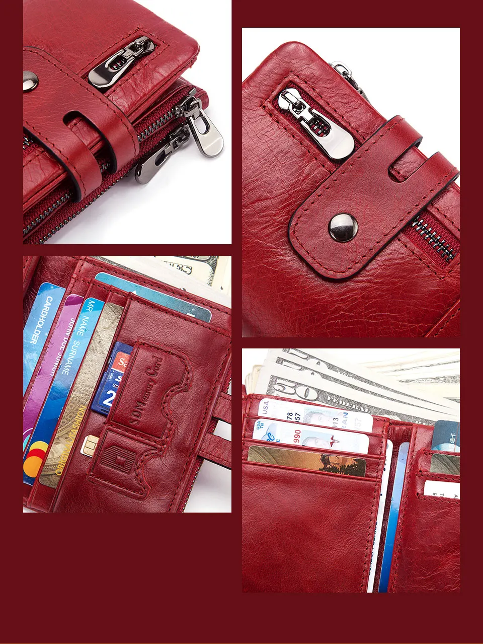 Fashion Women Wallet Genuine Leather Female Clutch Wallets Hasp Double Zipper Design Short Coin Pocket ID Card Holder Purse
