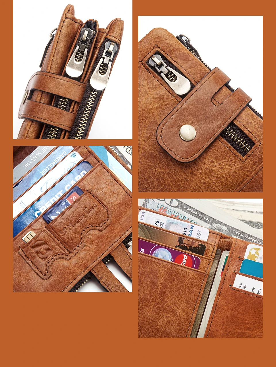 Fashion Women Wallet Genuine Leather Female Clutch Wallets Hasp Double Zipper Design Short Coin Pocket ID Card Holder Purse