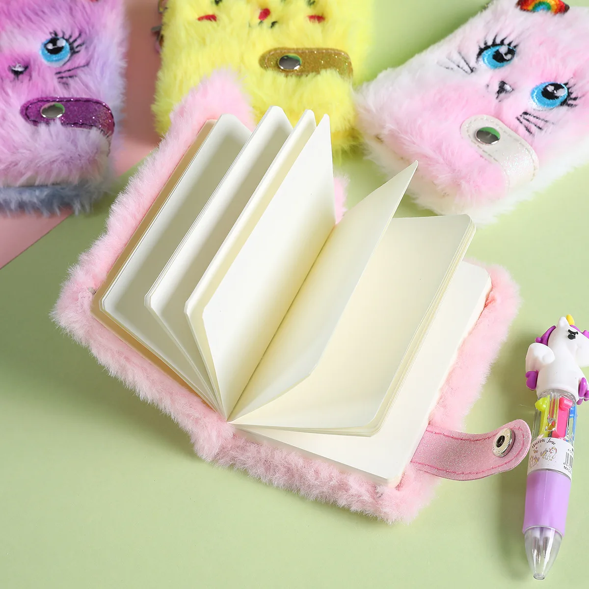 Cute Cat Plush Notebook For Girls Kawaii Pendant Keychain Furry Cats Notebook Daily Planner Journal Book Note Pad Stationery