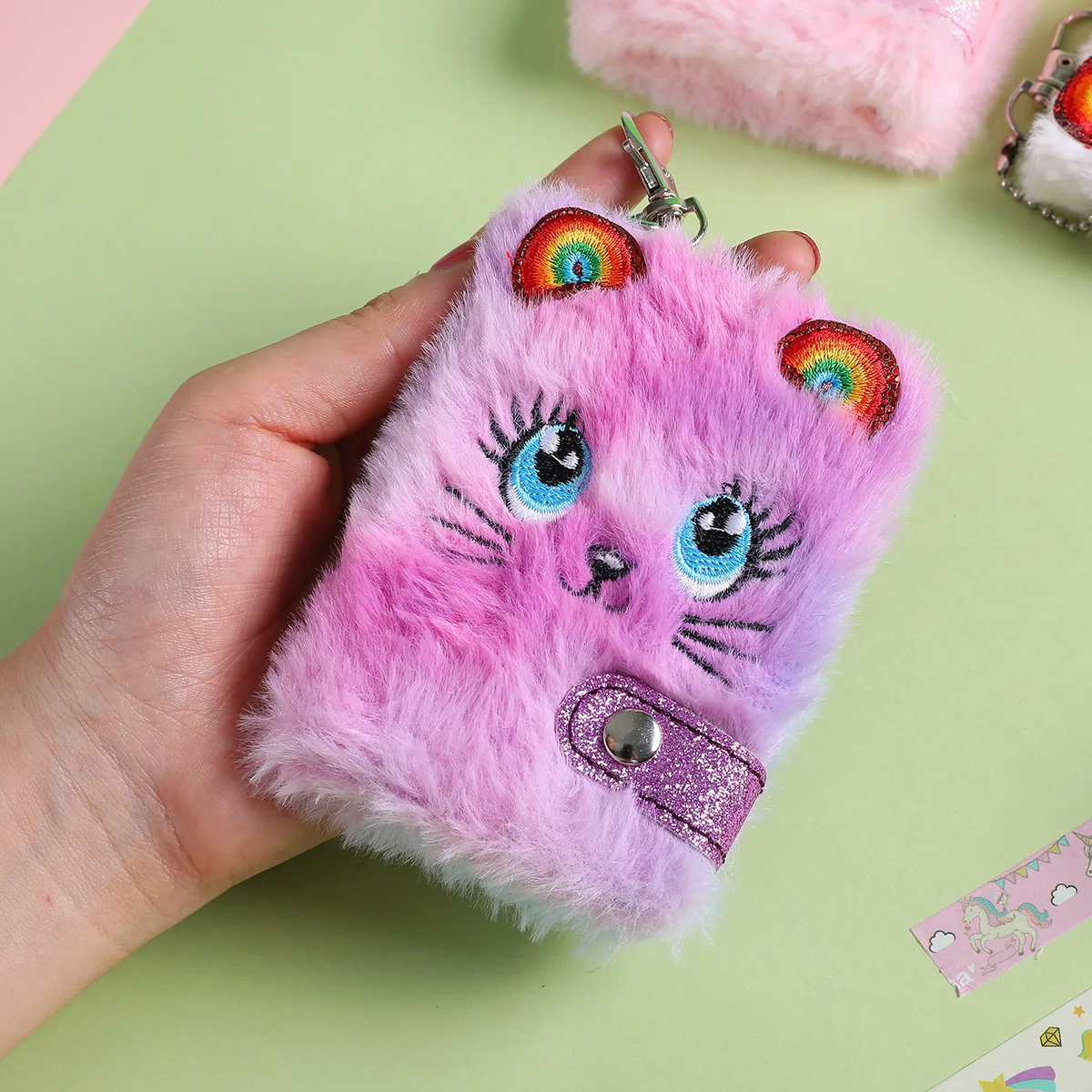 Cute Cat Plush Notebook For Girls Kawaii Pendant Keychain Furry Cats Notebook Daily Planner Journal Book Note Pad Stationery