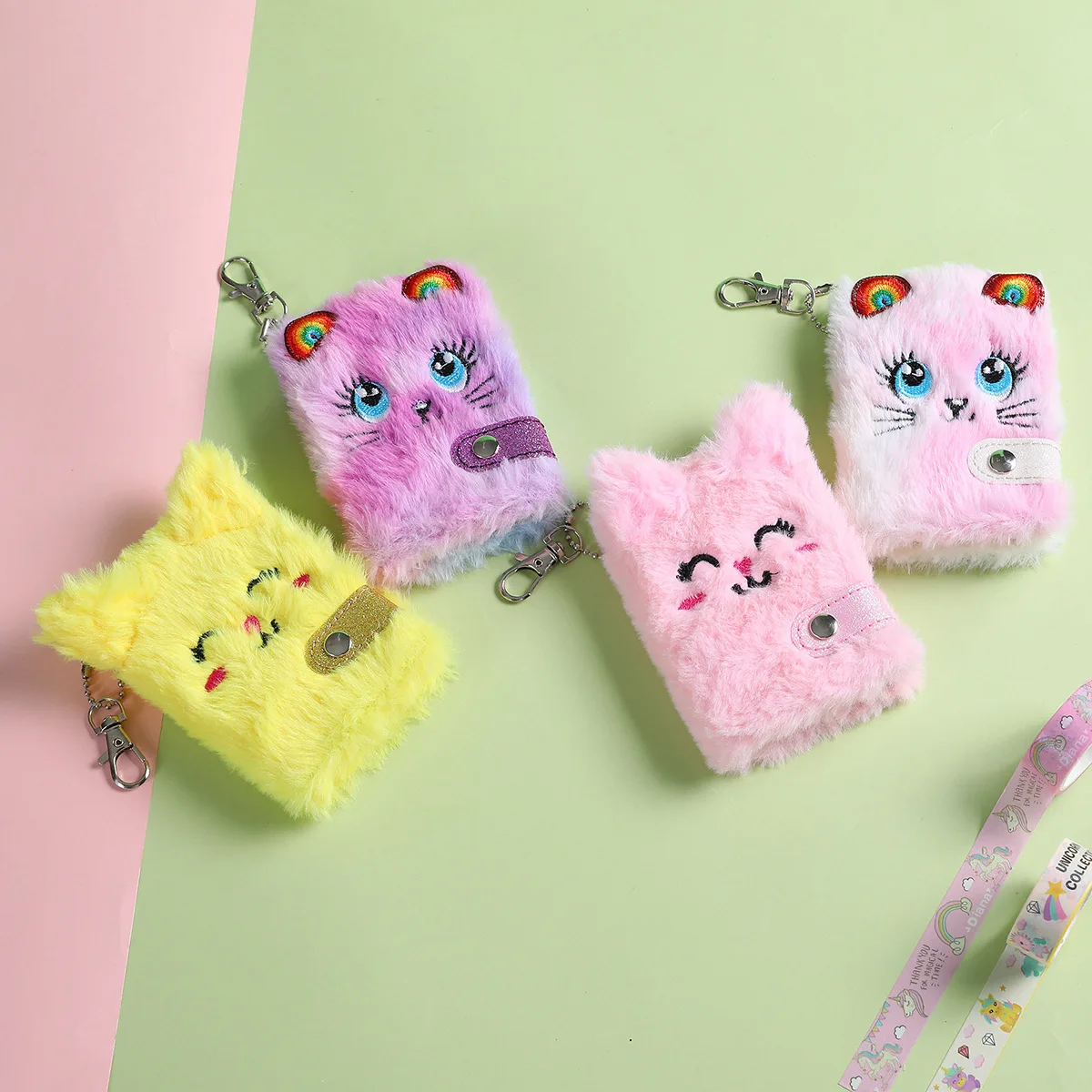 Cute Cat Plush Notebook For Girls Kawaii Pendant Keychain Furry Cats Notebook Daily Planner Journal Book Note Pad Stationery