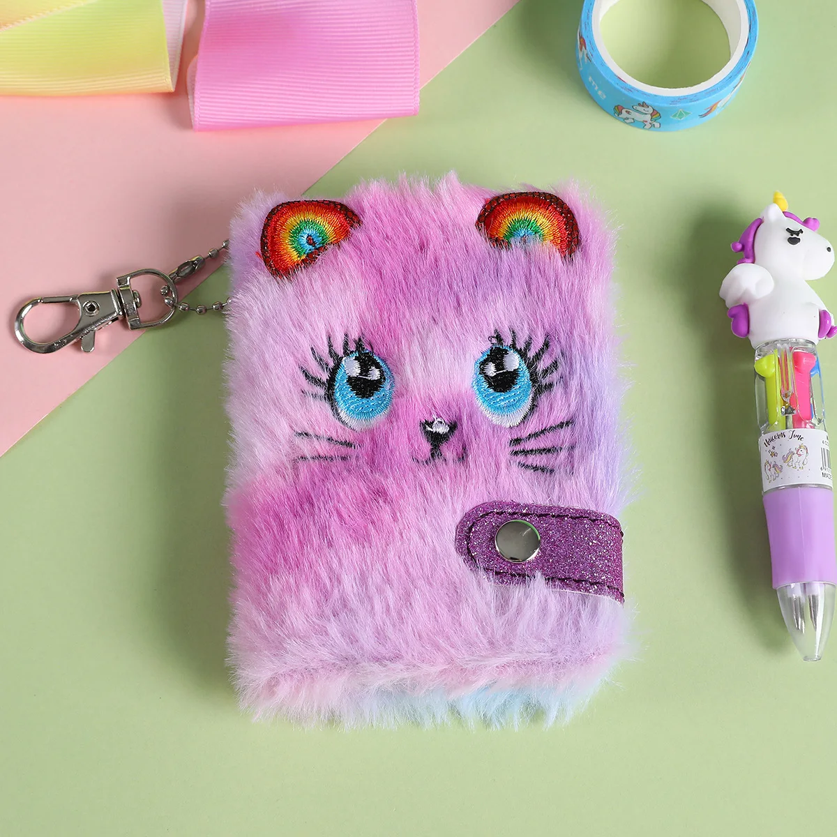 Cute Cat Plush Notebook For Girls Kawaii Pendant Keychain Furry Cats Notebook Daily Planner Journal Book Note Pad Stationery