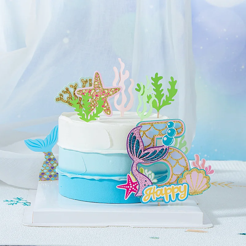 0-9 Digital Glitter Mermaid Tail Cake Topper Little Mermaid Party Cupcake Toppers Happy Birthday Cake Decor DIY Baking Supplies