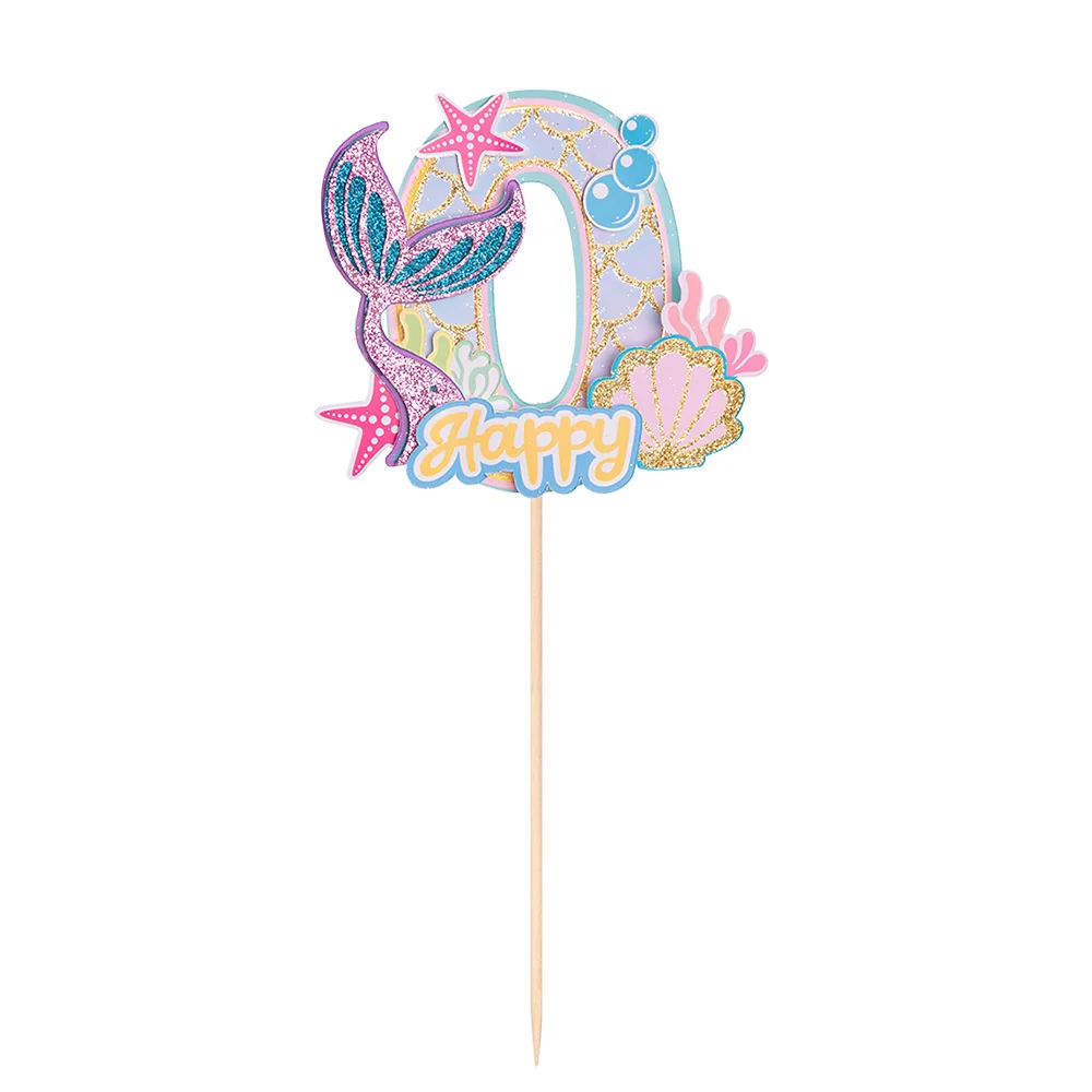 0-9 Digital Glitter Mermaid Tail Cake Topper Little Mermaid Party Cupcake Toppers Happy Birthday Cake Decor DIY Baking Supplies
