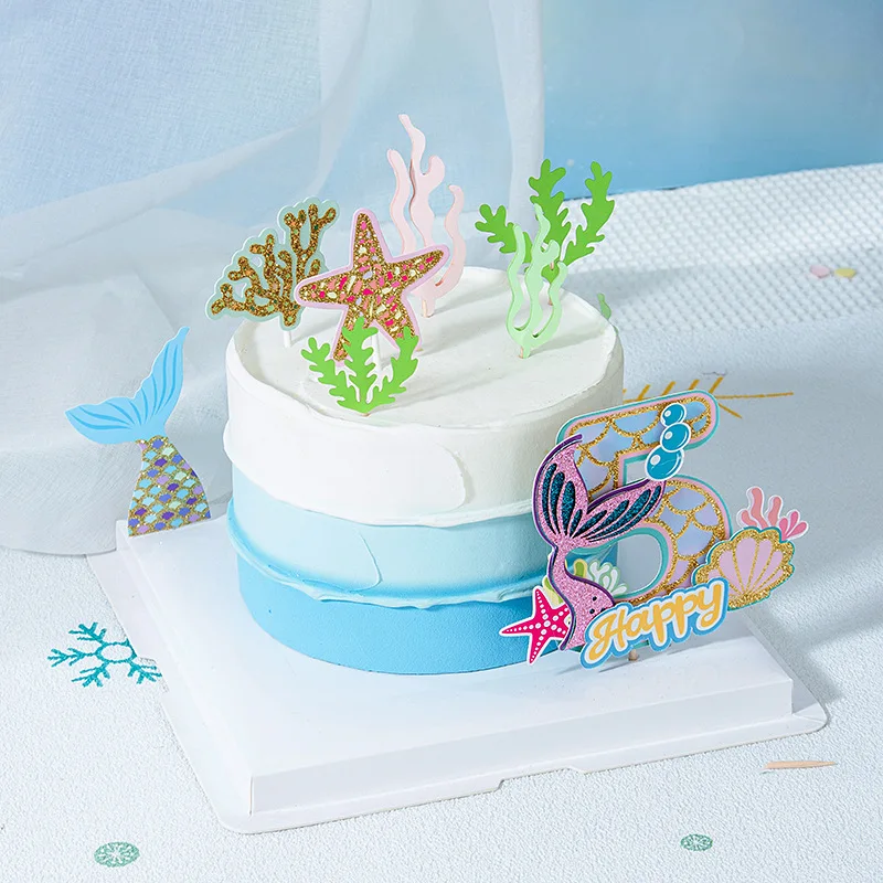 0-9 Digital Glitter Mermaid Tail Cake Topper Little Mermaid Party Cupcake Toppers Happy Birthday Cake Decor DIY Baking Supplies