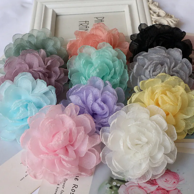 5PCS/Lot 9.5CM Handmade Large Chiffon Fabric Artificial Flower For Wedding Dress Hats Decoration