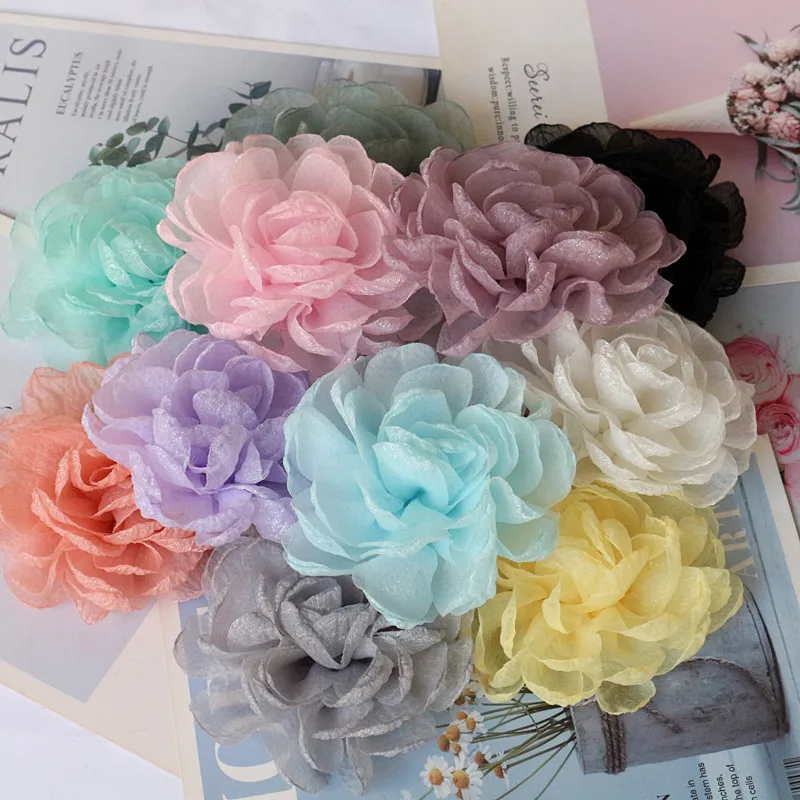 5PCS/Lot 9.5CM Handmade Large Chiffon Fabric Artificial Flower For Wedding Dress Hats Decoration
