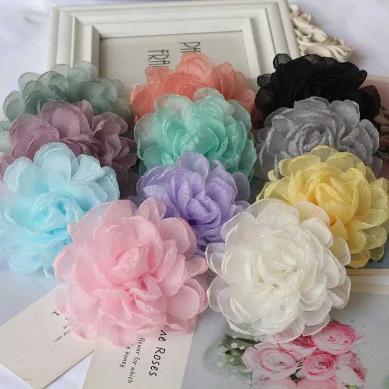 5PCS/Lot 9.5CM Handmade Large Chiffon Fabric Artificial Flower For Wedding Dress Hats Decoration