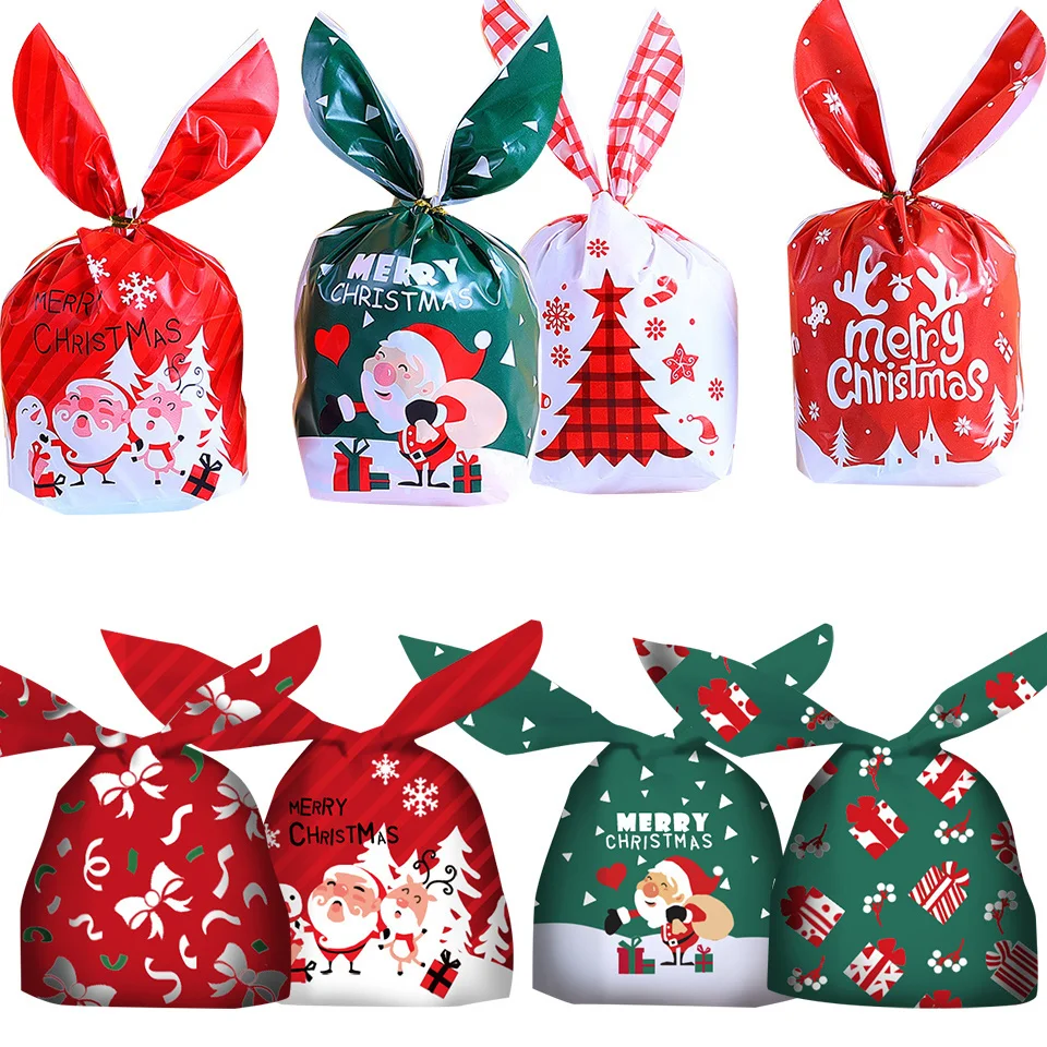 10/20pcs Merry Christmas Rabbit Ear Candy Bags Carton Santa Claus Snowman Cookie Bags For Xmas Noel Gifts Packing Supplies