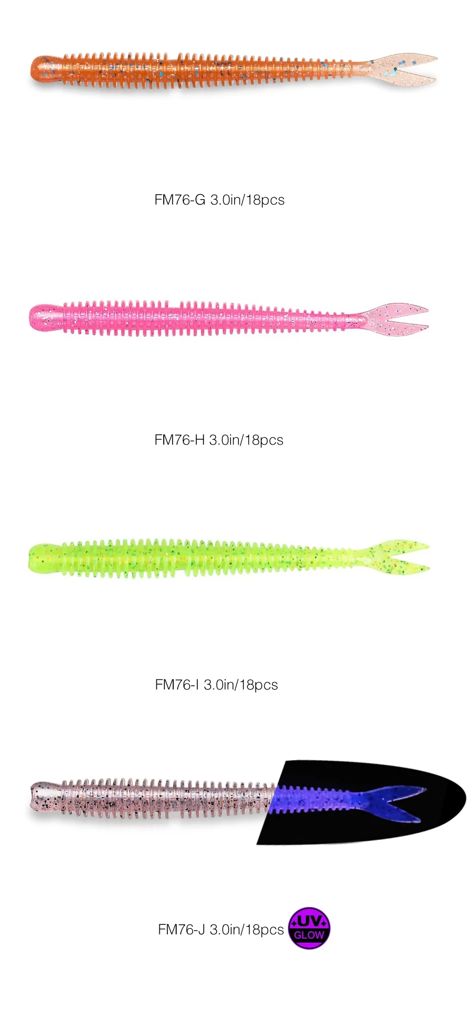 TSURINOYA Soft Bait Fishing Lure FLAME 3.0in 1.8g 18pcs Silicone Worm Bass Pike Light Game Fishing Rig Tackle Swimbait