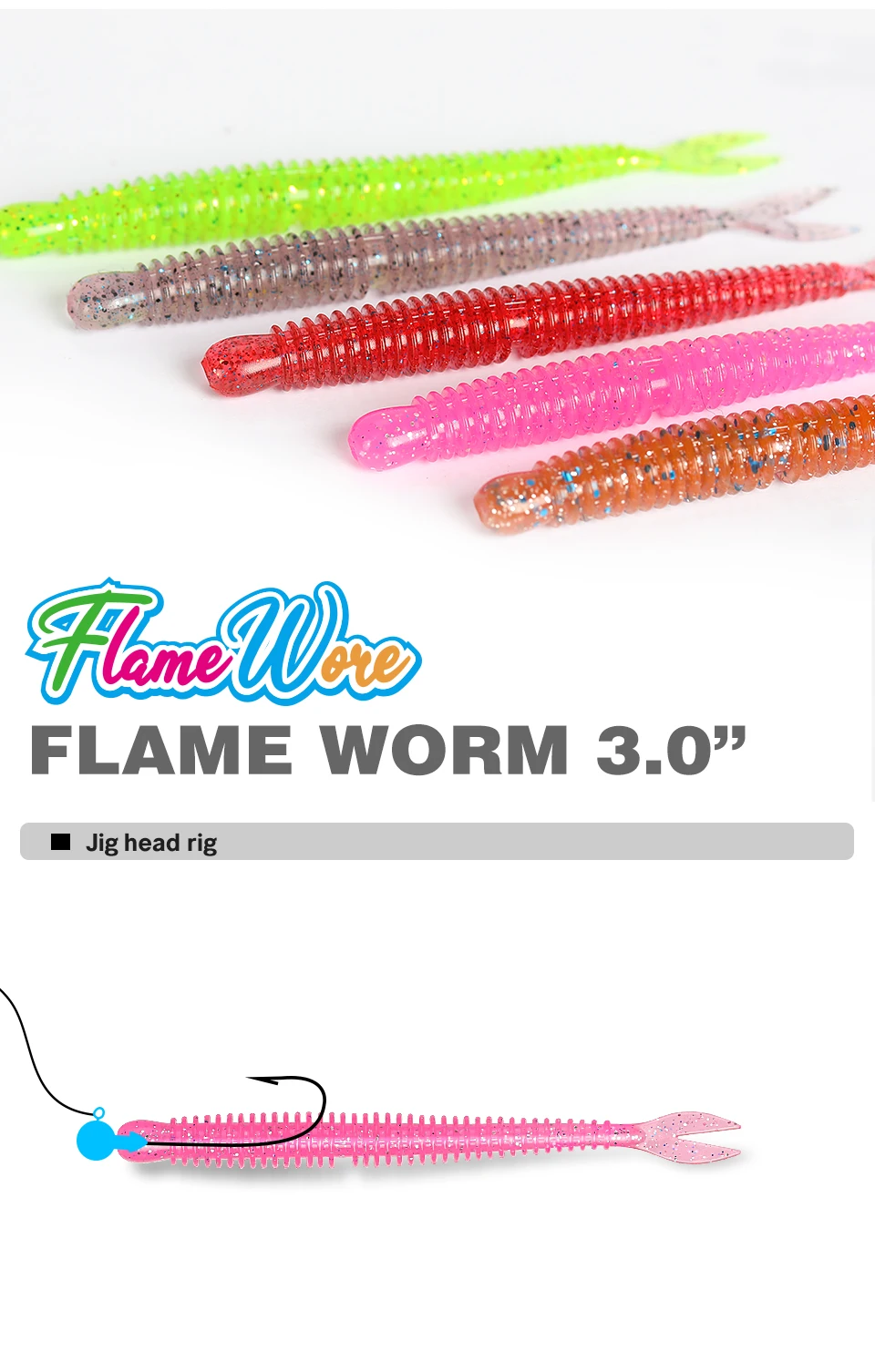 TSURINOYA Soft Bait Fishing Lure FLAME 3.0in 1.8g 18pcs Silicone Worm Bass Pike Light Game Fishing Rig Tackle Swimbait