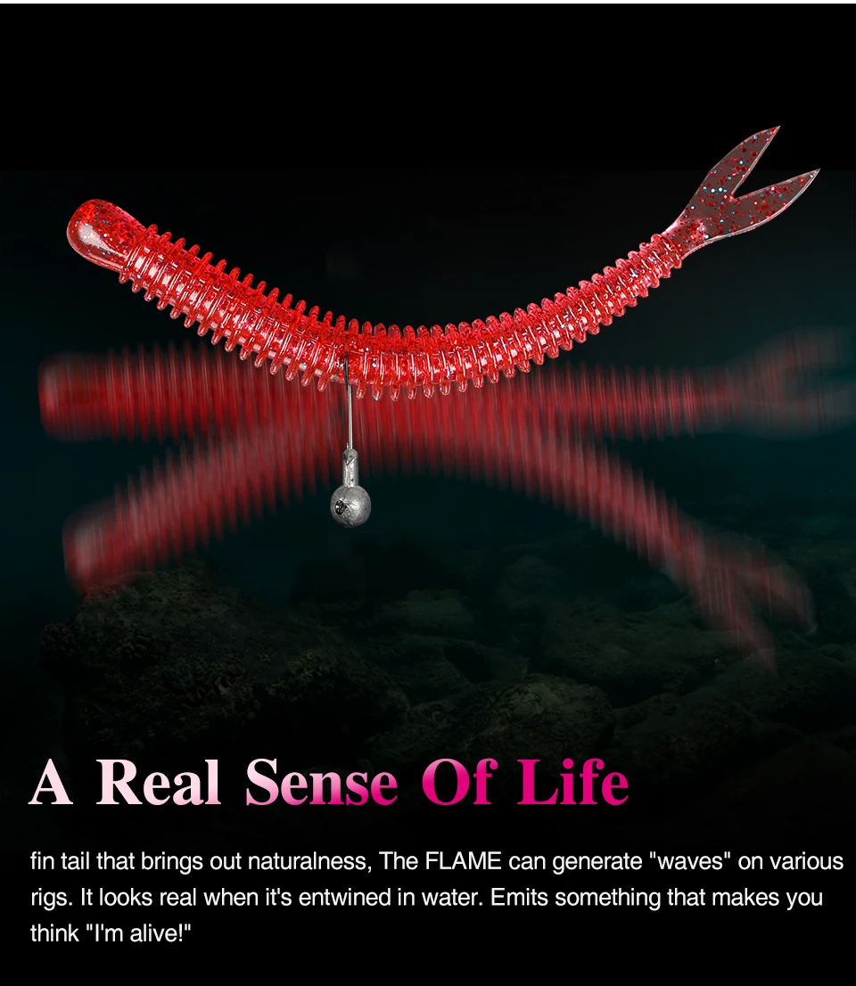 TSURINOYA Soft Bait Fishing Lure FLAME 3.0in 1.8g 18pcs Silicone Worm Bass Pike Light Game Fishing Rig Tackle Swimbait