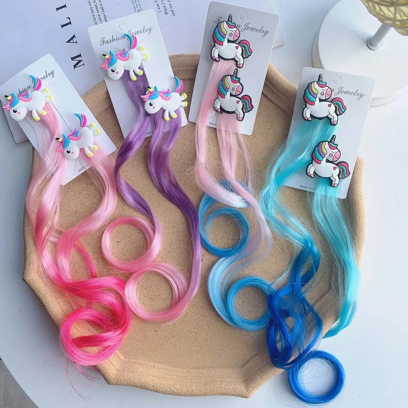 2pcs Kids Unicorn Colorful Wig Hair Pin Children Hair Clips Fake Twist Gradient Braid Headdress Girls Hair Accessories