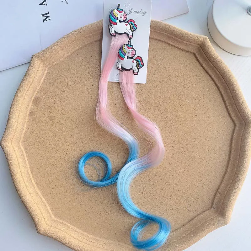 2pcs Kids Unicorn Colorful Wig Hair Pin Children Hair Clips Fake Twist Gradient Braid Headdress Girls Hair Accessories