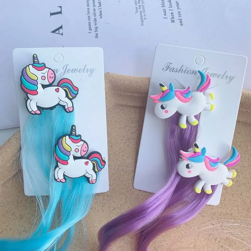 2pcs Kids Unicorn Colorful Wig Hair Pin Children Hair Clips Fake Twist Gradient Braid Headdress Girls Hair Accessories