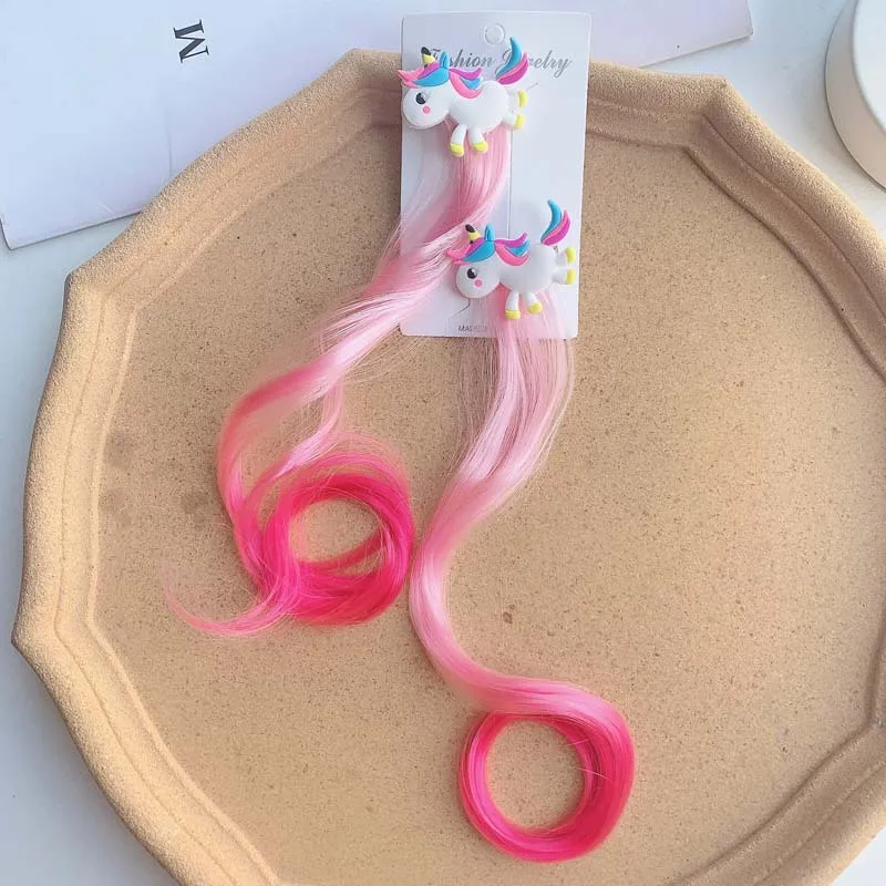 2pcs Kids Unicorn Colorful Wig Hair Pin Children Hair Clips Fake Twist Gradient Braid Headdress Girls Hair Accessories