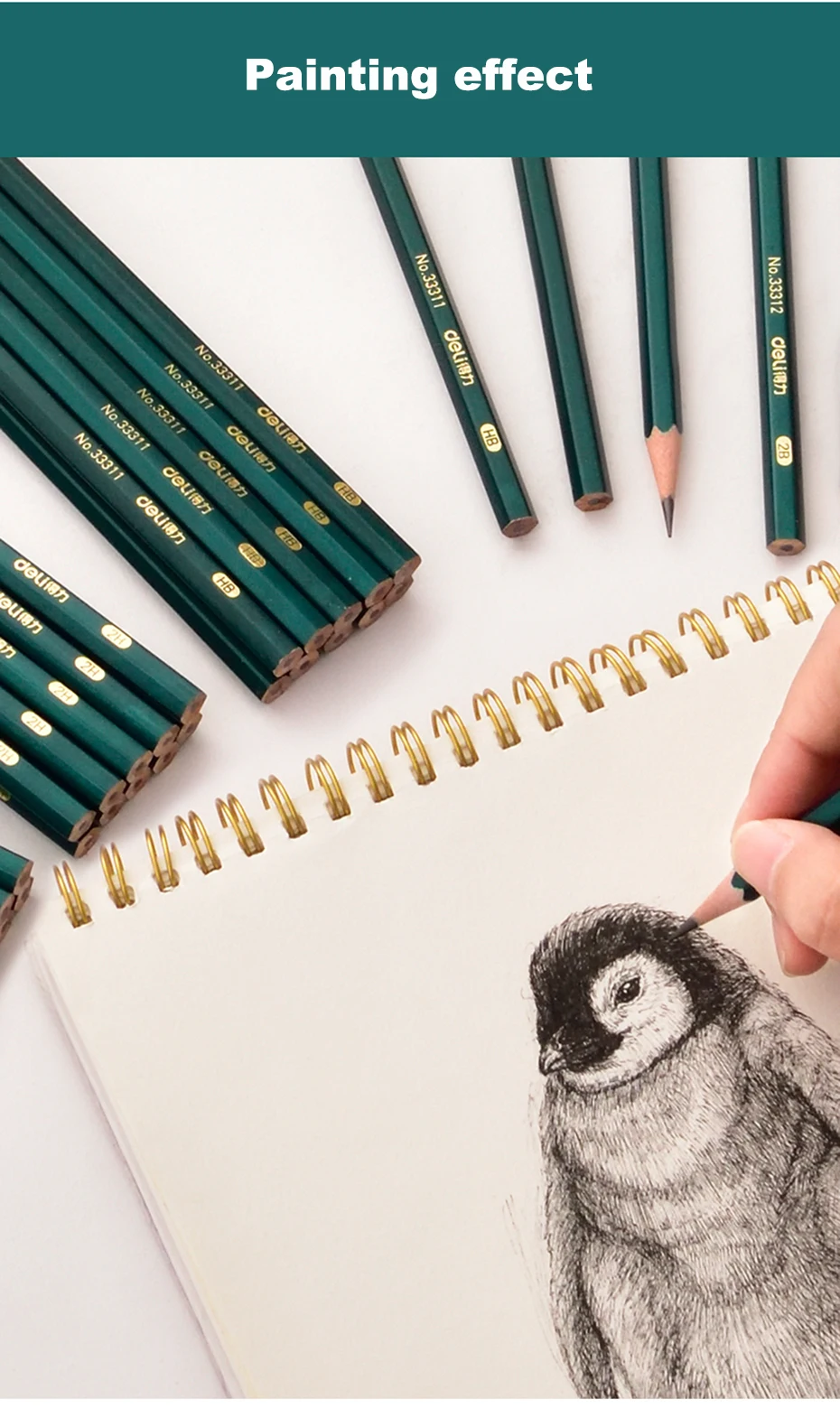 Deli 10pcs/set Wooden Pencil HB 2B 2H Children's Drawing Sketch Examination Pencil Stationery Art Supplies
