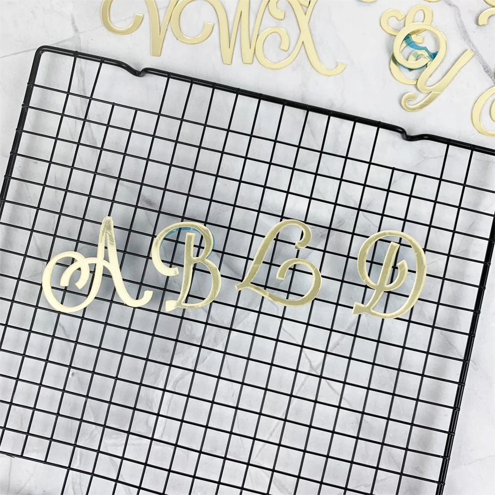 Golden Mirror Acrylic A-Z English Letter Alphabet Cake Decorating for Birthday Party Wedding Dessert DIY Decoration Cake Toppers