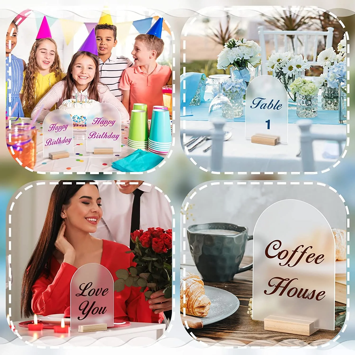 Frosted Arch Acrylic Sign with Wood Stand DIY Blank Acrylic Sheet Table Numbers with Base Holder For Wedding Signs,Events& Party