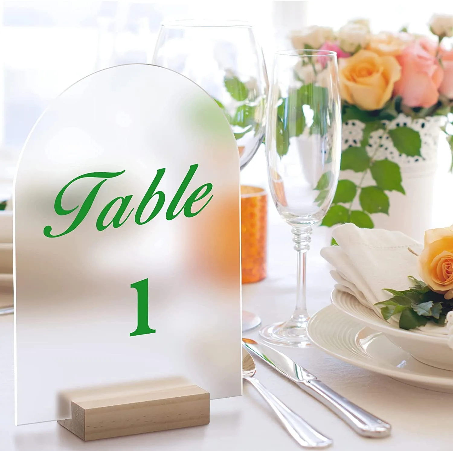 Frosted Arch Acrylic Sign with Wood Stand DIY Blank Acrylic Sheet Table Numbers with Base Holder For Wedding Signs,Events& Party