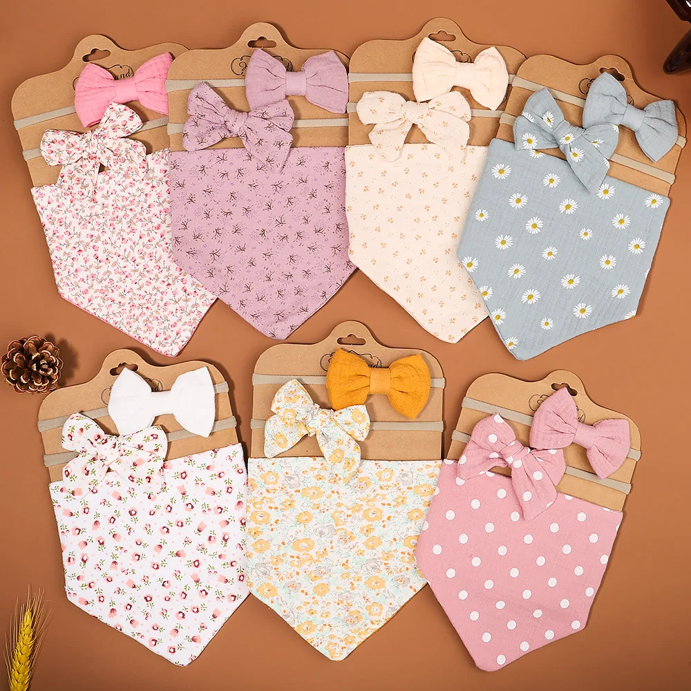 3Pcs/Set Muslin Cotton Baby Bib Newborn Bows Headband Triangle Print Saliva Towel Infant Boy Girl Feeding Burp Cloth Shower Gift