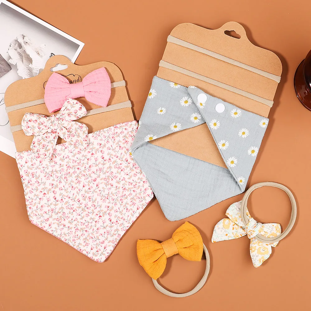 3Pcs/Set Muslin Cotton Baby Bib Newborn Bows Headband Triangle Print Saliva Towel Infant Boy Girl Feeding Burp Cloth Shower Gift