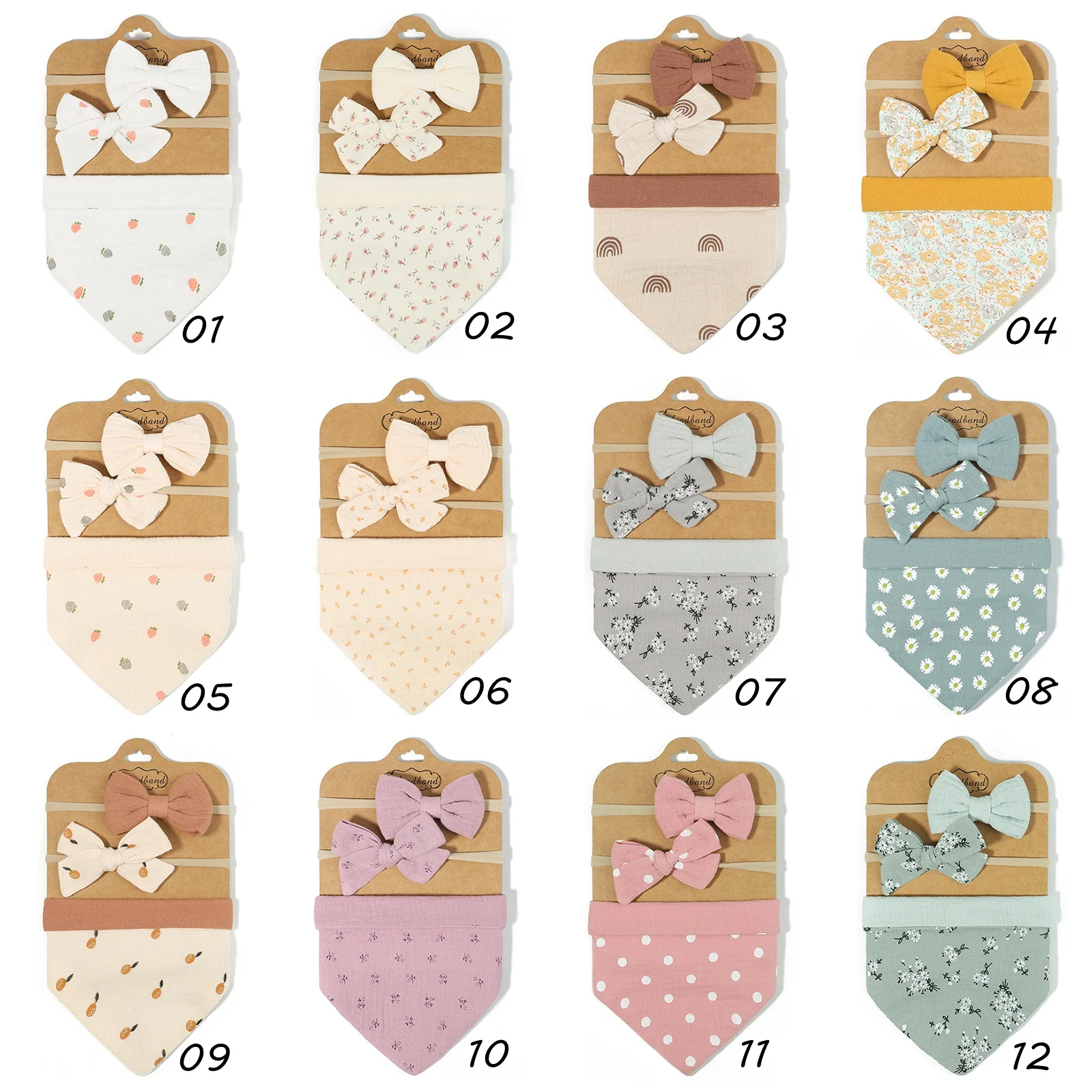 3Pcs/Set Muslin Cotton Baby Bib Newborn Bows Headband Triangle Print Saliva Towel Infant Boy Girl Feeding Burp Cloth Shower Gift