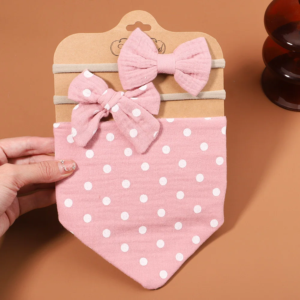 3Pcs/Set Muslin Cotton Baby Bib Newborn Bows Headband Triangle Print Saliva Towel Infant Boy Girl Feeding Burp Cloth Shower Gift