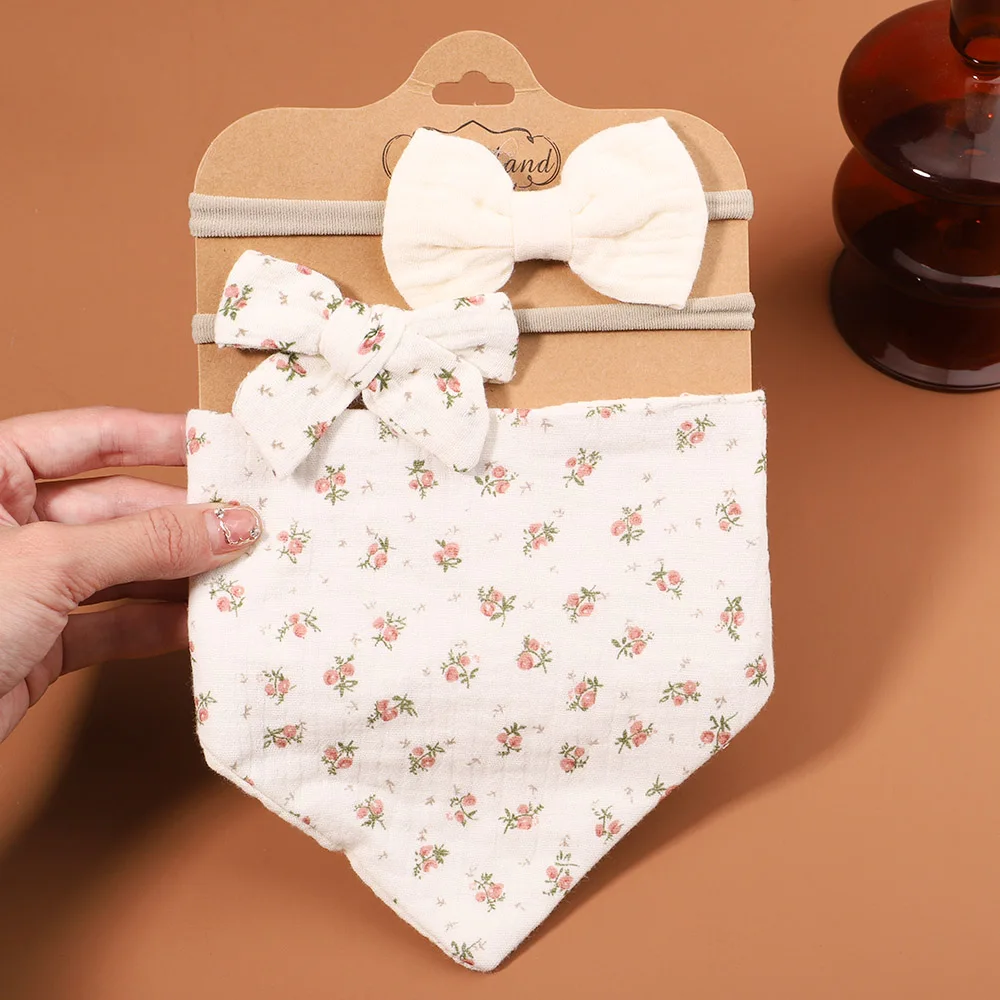 3Pcs/Set Muslin Cotton Baby Bib Newborn Bows Headband Triangle Print Saliva Towel Infant Boy Girl Feeding Burp Cloth Shower Gift