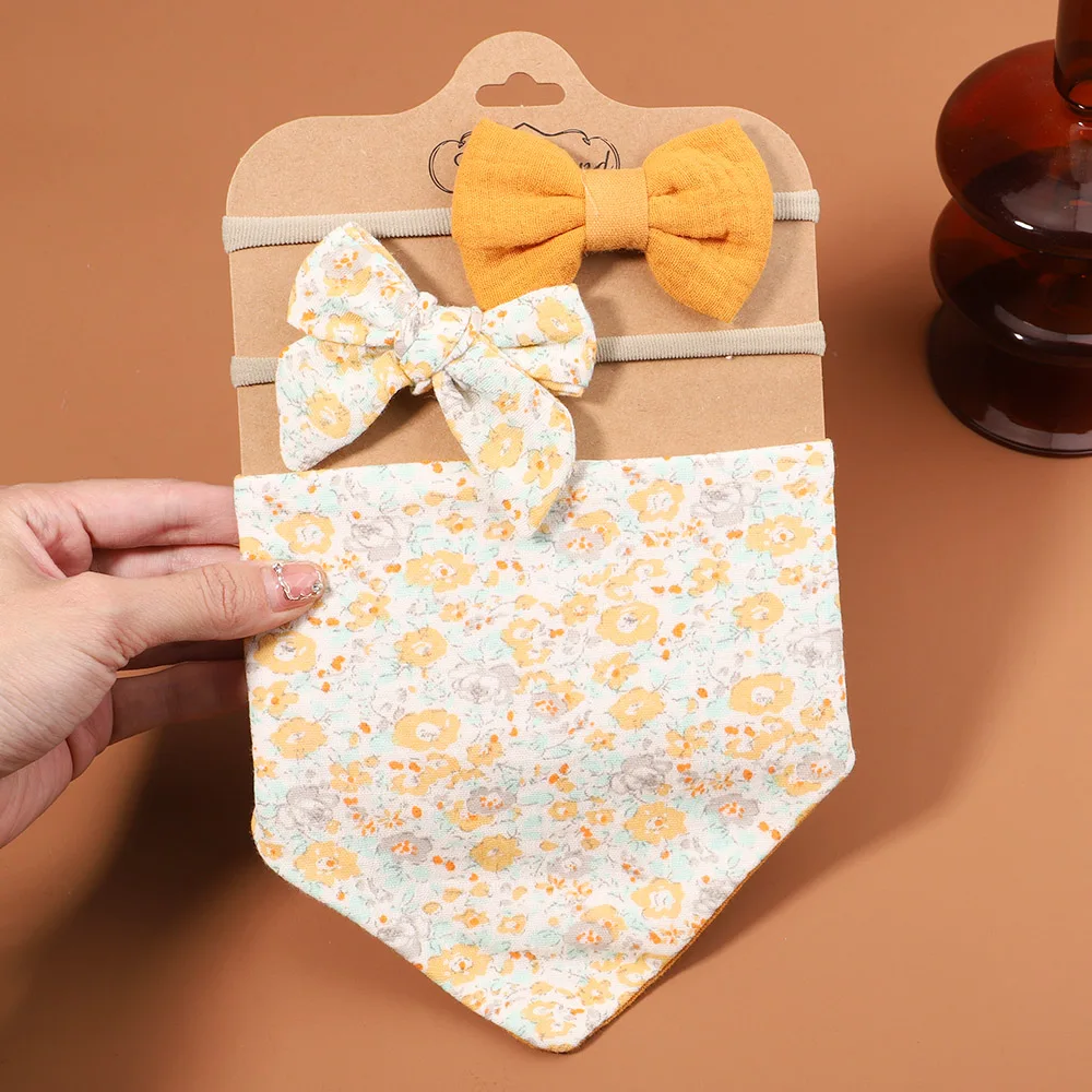 3Pcs/Set Muslin Cotton Baby Bib Newborn Bows Headband Triangle Print Saliva Towel Infant Boy Girl Feeding Burp Cloth Shower Gift