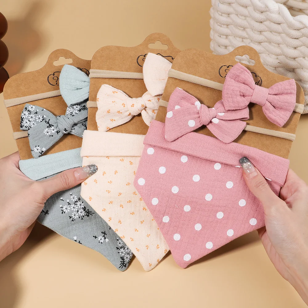 3Pcs/Set Muslin Cotton Baby Bib Newborn Bows Headband Triangle Print Saliva Towel Infant Boy Girl Feeding Burp Cloth Shower Gift