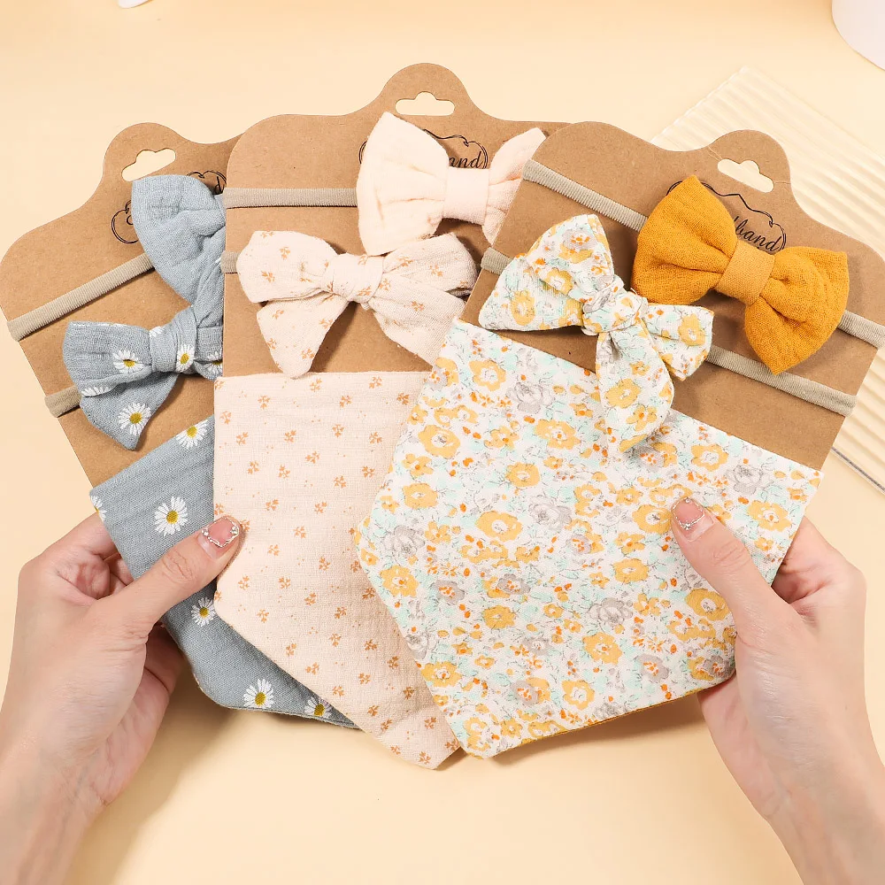 3Pcs/Set Muslin Cotton Baby Bib Newborn Bows Headband Triangle Print Saliva Towel Infant Boy Girl Feeding Burp Cloth Shower Gift