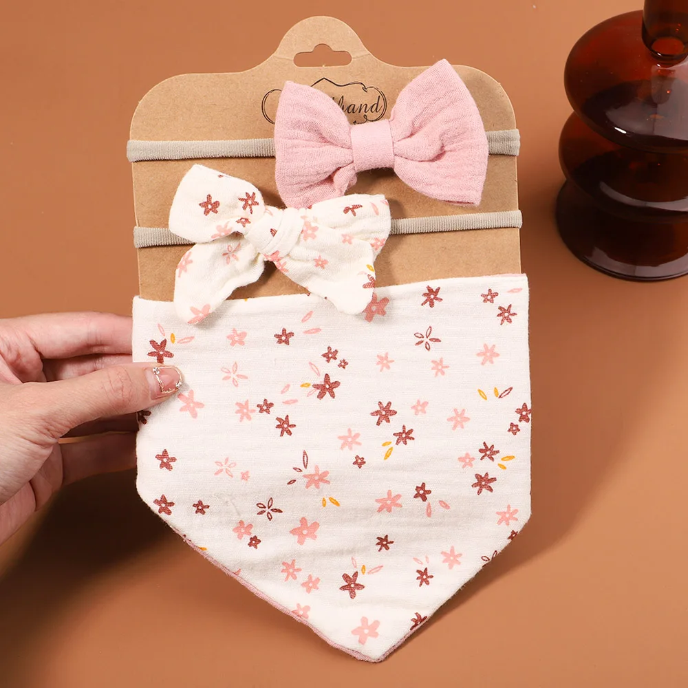 3Pcs/Set Muslin Cotton Baby Bib Newborn Bows Headband Triangle Print Saliva Towel Infant Boy Girl Feeding Burp Cloth Shower Gift