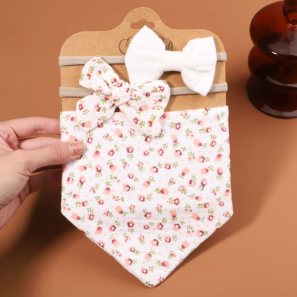 3Pcs/Set Muslin Cotton Baby Bib Newborn Bows Headband Triangle Print Saliva Towel Infant Boy Girl Feeding Burp Cloth Shower Gift