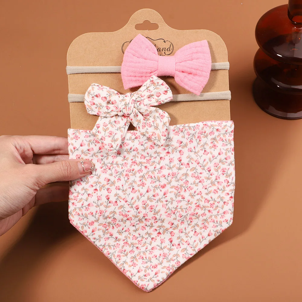 3Pcs/Set Muslin Cotton Baby Bib Newborn Bows Headband Triangle Print Saliva Towel Infant Boy Girl Feeding Burp Cloth Shower Gift