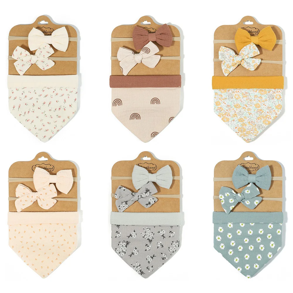 3Pcs/Set Muslin Cotton Baby Bib Newborn Bows Headband Triangle Print Saliva Towel Infant Boy Girl Feeding Burp Cloth Shower Gift